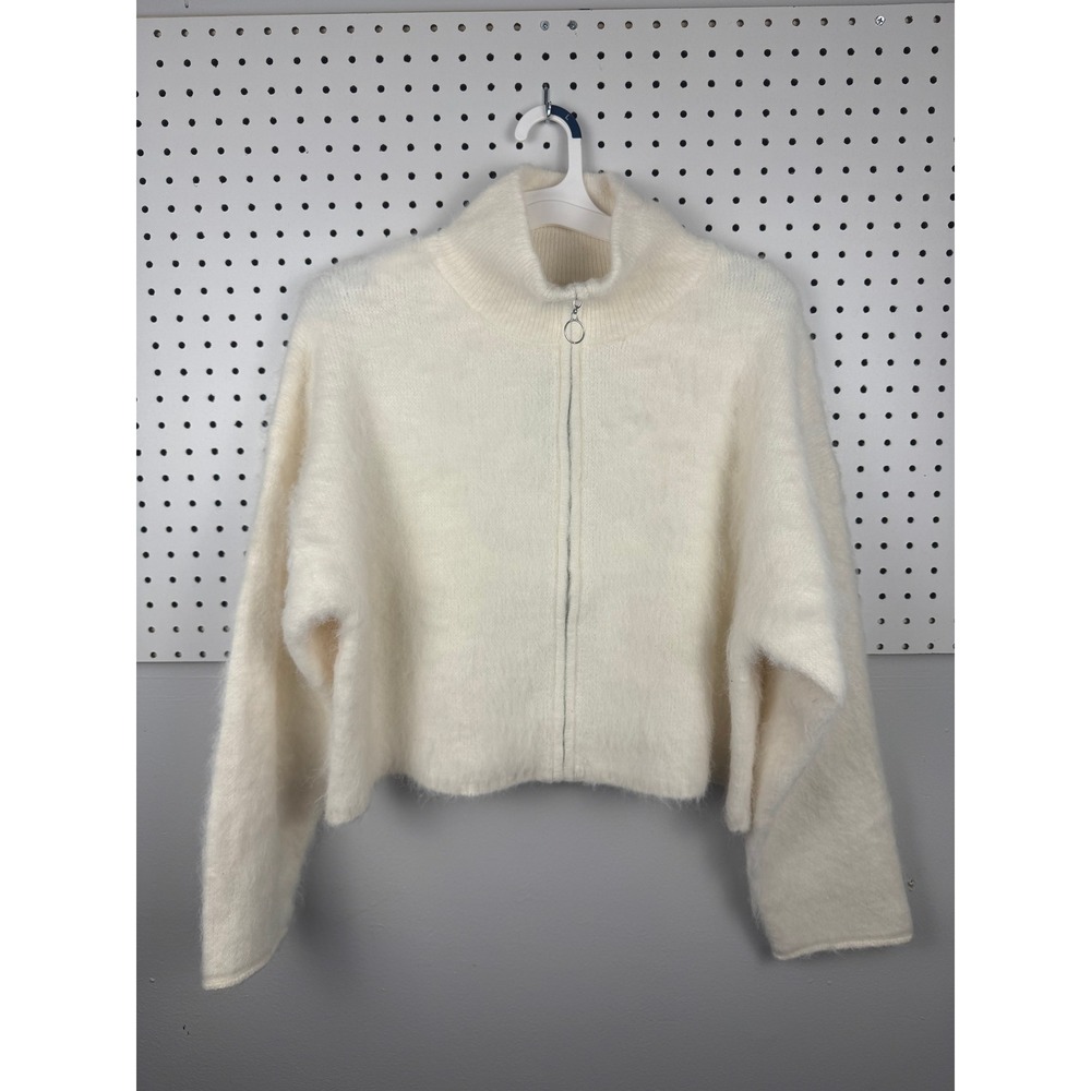 Wild Fable Off-White Fuzzy Zip Up Mock Neck Cropped Sweater Cardigan Large NWT